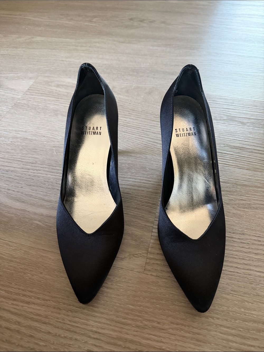Stuart Weitzman Black Satin Pointed Toe Pumps
